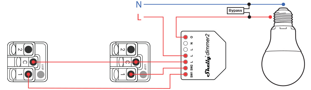 Shelly Dimmer 2 (with Bypass) without Neutral Two-Way Switch Wiring Australia
